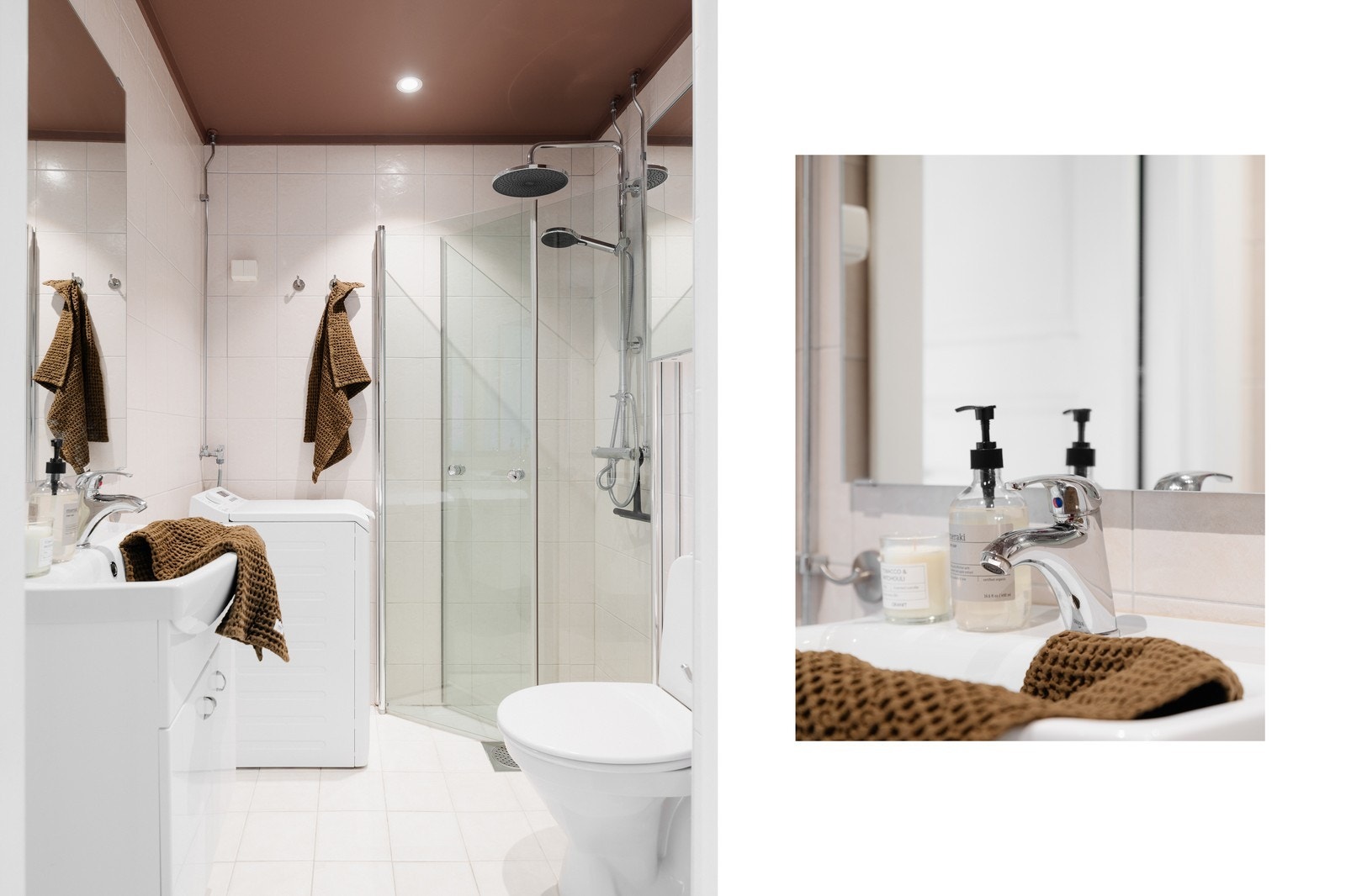 Delikat baderom med dusjhjørne og vaskemaskin. Galleribilde