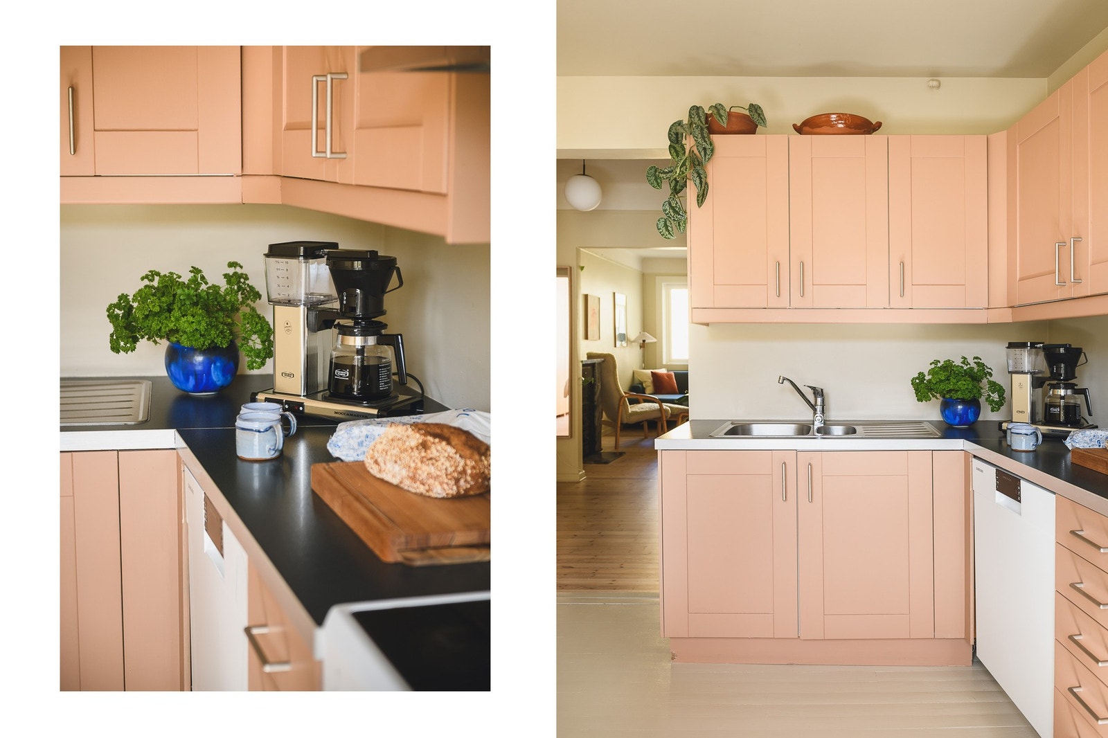 Innredning fra IKEA, med heltre fronter, laminat benkeplate og nedfelt oppvaskkum. Galleribilde