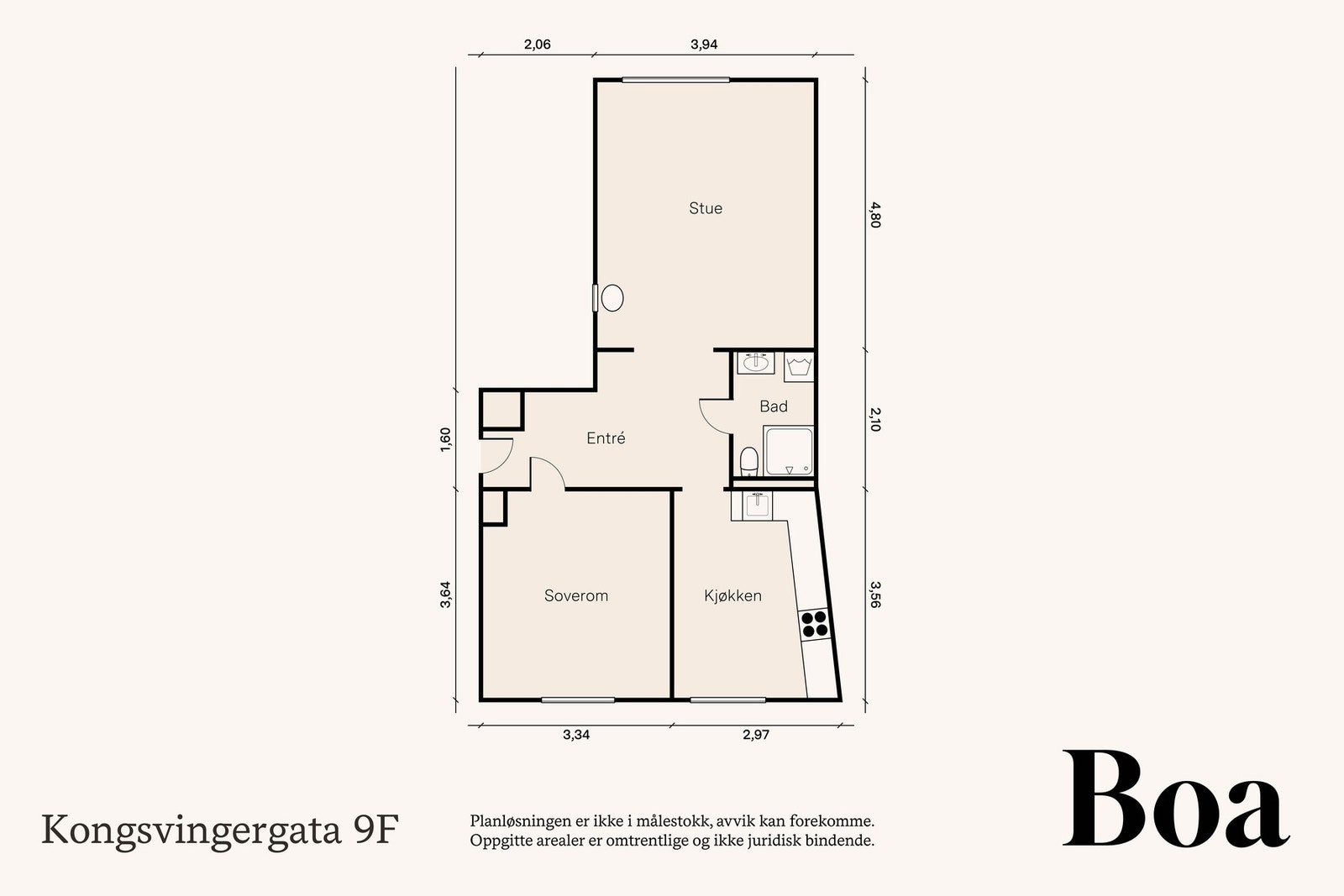 2. etasje: Entré/gang, bad, soverom, kjøkken, stue. Annet: 3 boder (en på loft og to i kjeller). Galleribilde