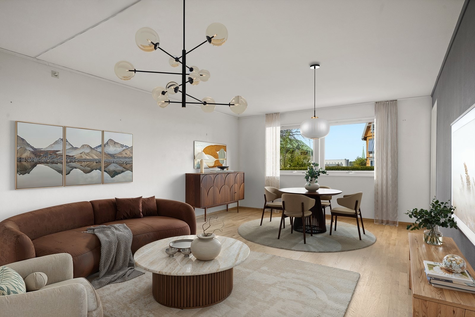 3-roms selveier på Skarmyra. Stuen er digitalt møblert. Galleribilde