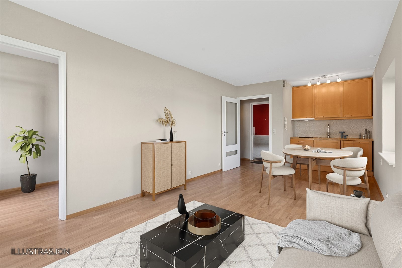 Leiligheten har meget arealeffektiv planløsning. (Digitalt møblert) Galleribilde