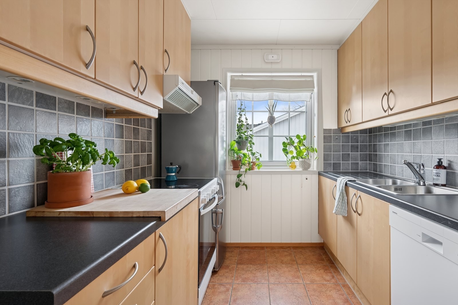 Plass til frittstående kjøl-/fryseskap, oppvaskmaskin og komfyr. Galleribilde
