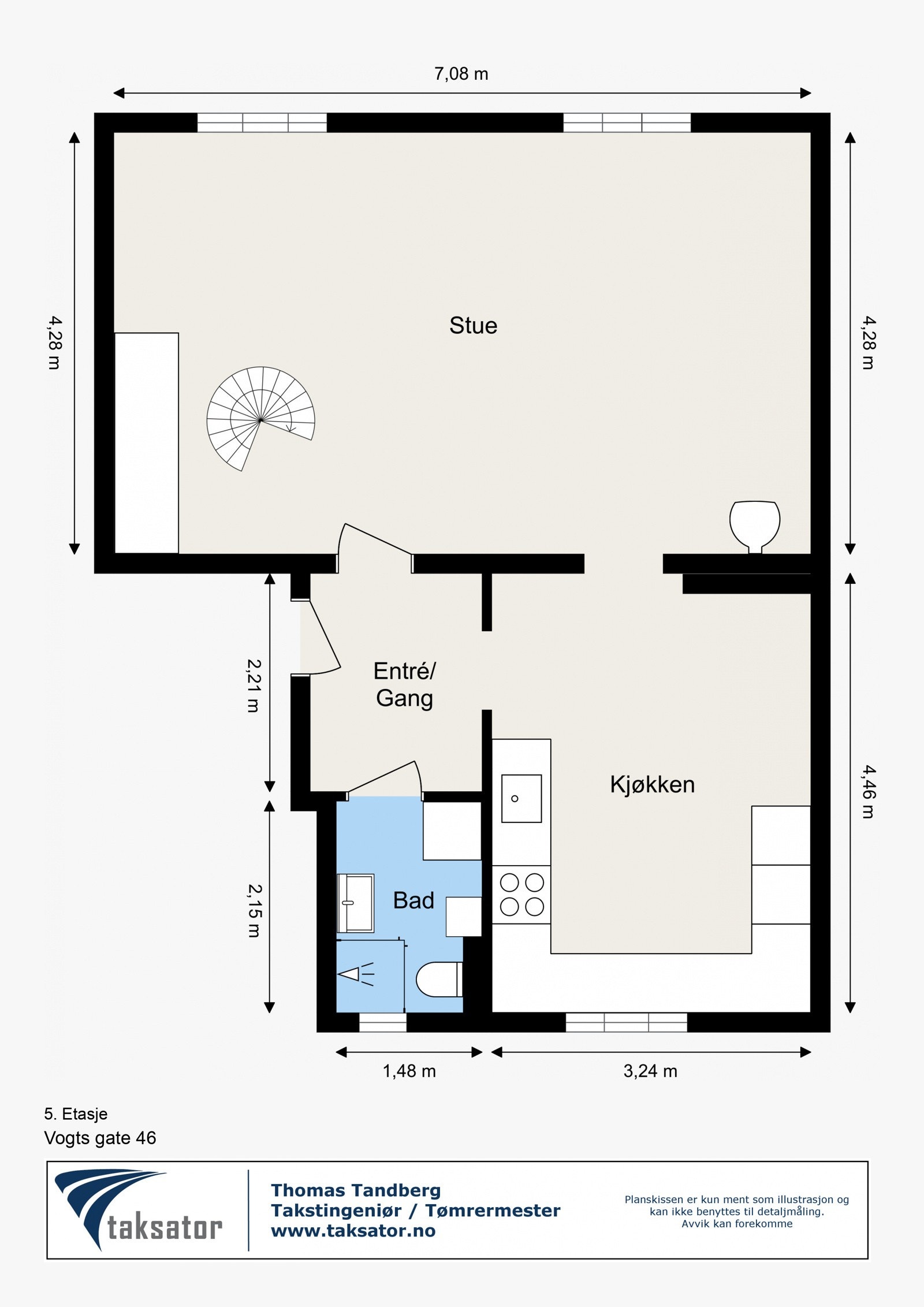 I femte etasje finner du entré, stue, kjøkken og bad. Galleribilde