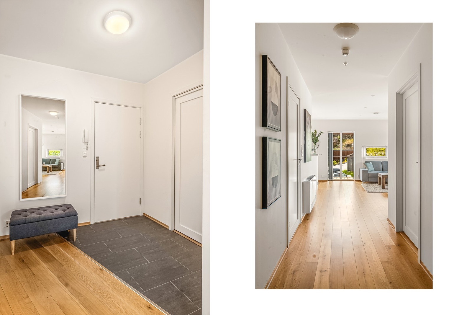 Velkommen inn. Lys entrè med plass til å henge fra seg yttertøy. Galleribilde