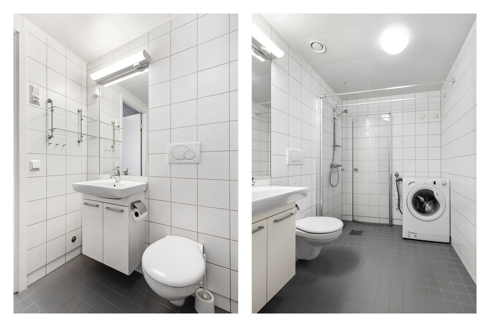 Badet er innredet med vegghengt klosett, servant nedfelt i innredning med vegghengt speil og dusjhjørne med svingbare glassdører. Det er både plass og opplegg for vaskemaskin og tørketrommel. Galleribilde