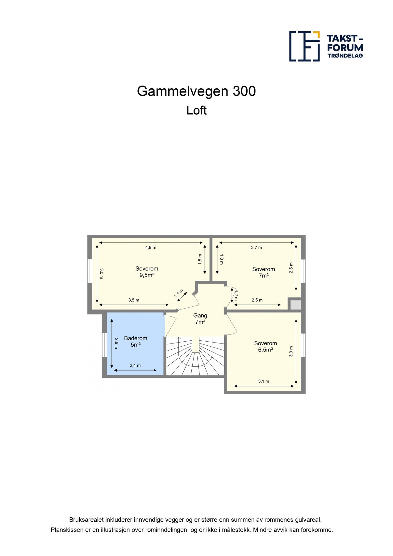 2.etasjen består av 3 soverom og bad og har en gulvflate på 50 kvm. Galleribilde