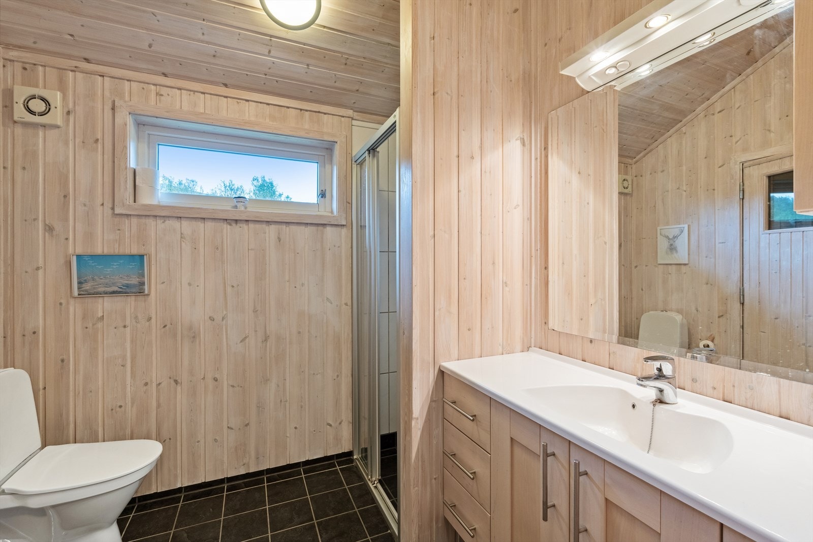 Toalett, opplegg for vaskemaskin, dusj, samt tilkomst til badstue. Galleribilde