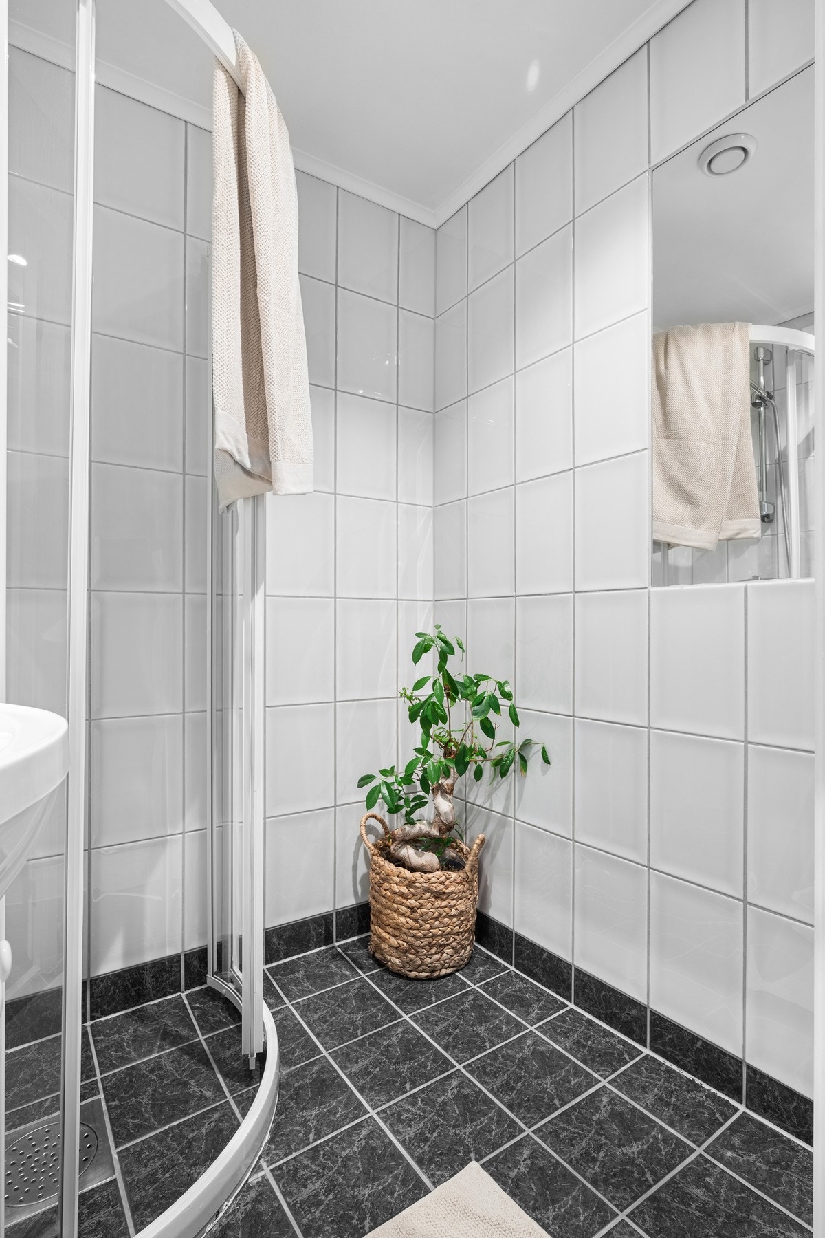Innredet med dusj, servant med skap og speil. Galleribilde