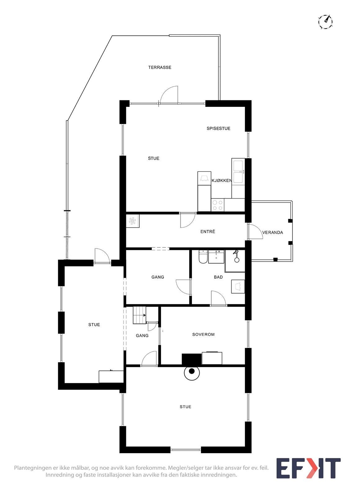 Entré, kjøkken med spisestue og stue ligger i den tilbygde delen av boligen. Stuen i andre enden har vedovn. Galleribilde