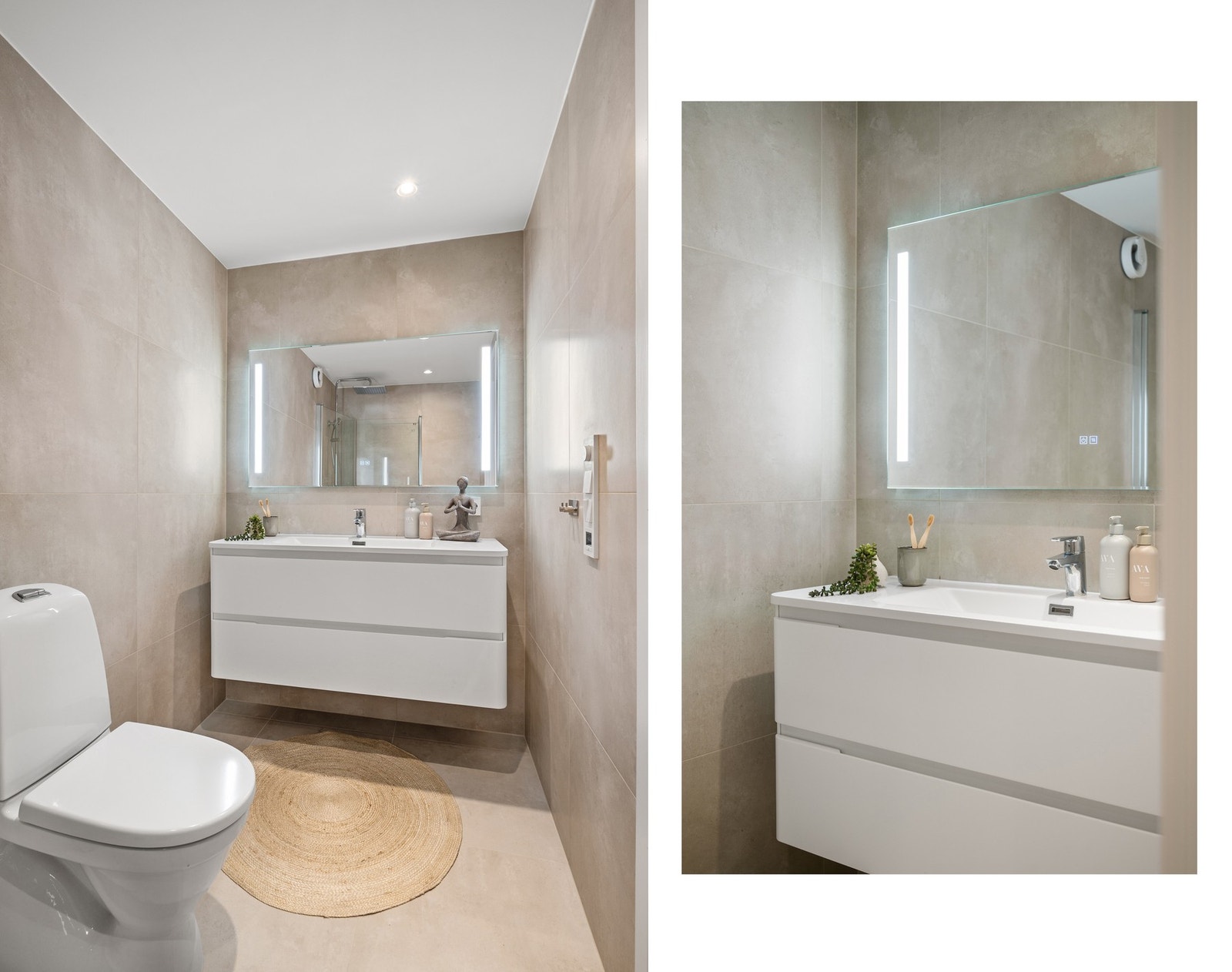 Delikat utførelse på bad med flislagte gulv og vegger (varme i gulv) Galleribilde