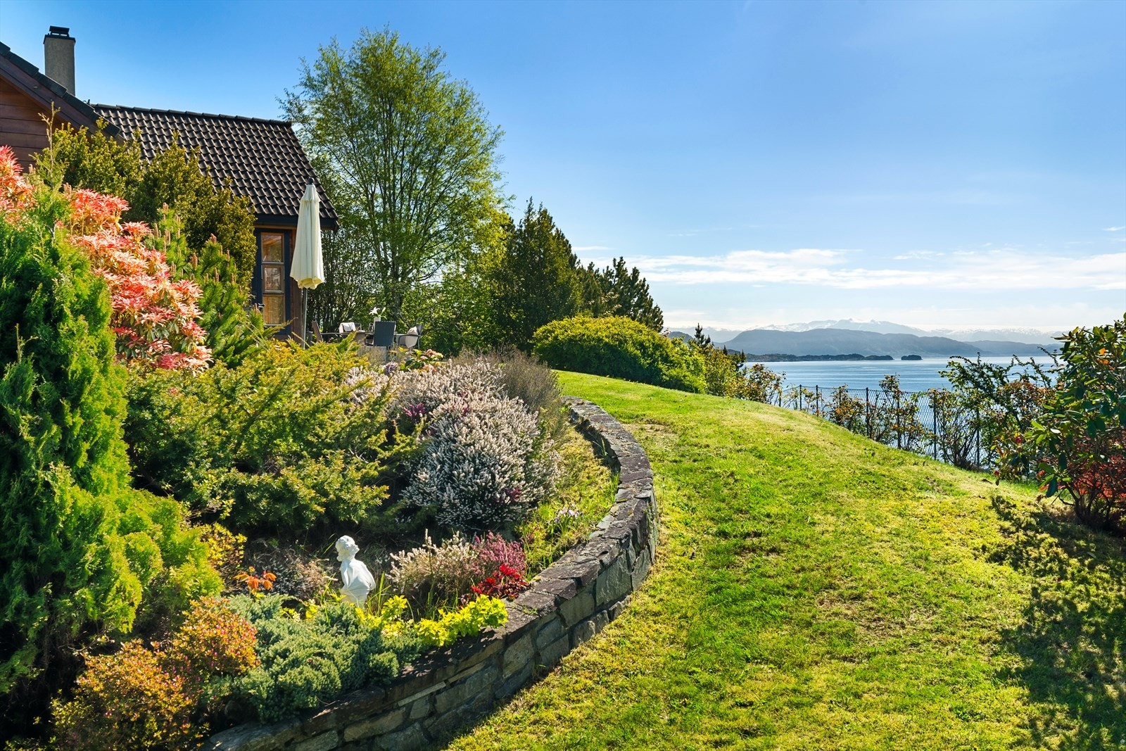 Eiendommen har en pent opparbeidet hage med beplantning og forstøtningsmurer. Galleribilde