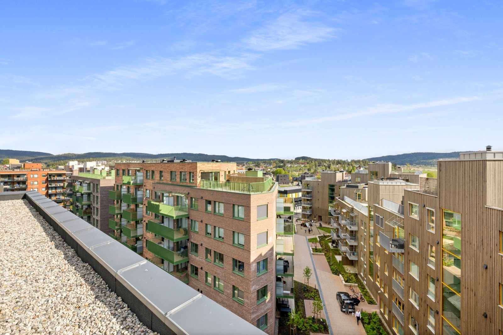 Felles takterrasse med felles sittegrupper og flott utsikt. Galleribilde