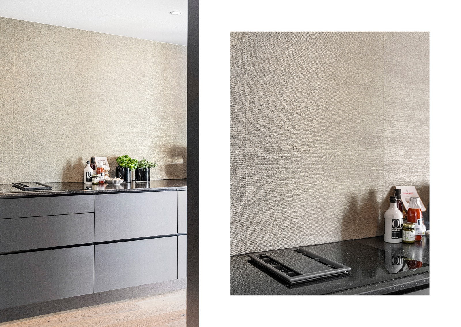 Benkeplaten i steinkompositt er solid til daglig bruk uten at det går på kompromiss med designet. Integrert i benkeplaten er det induksjonstopp med innfelt ventilator koblet ut i friluft. Galleribilde