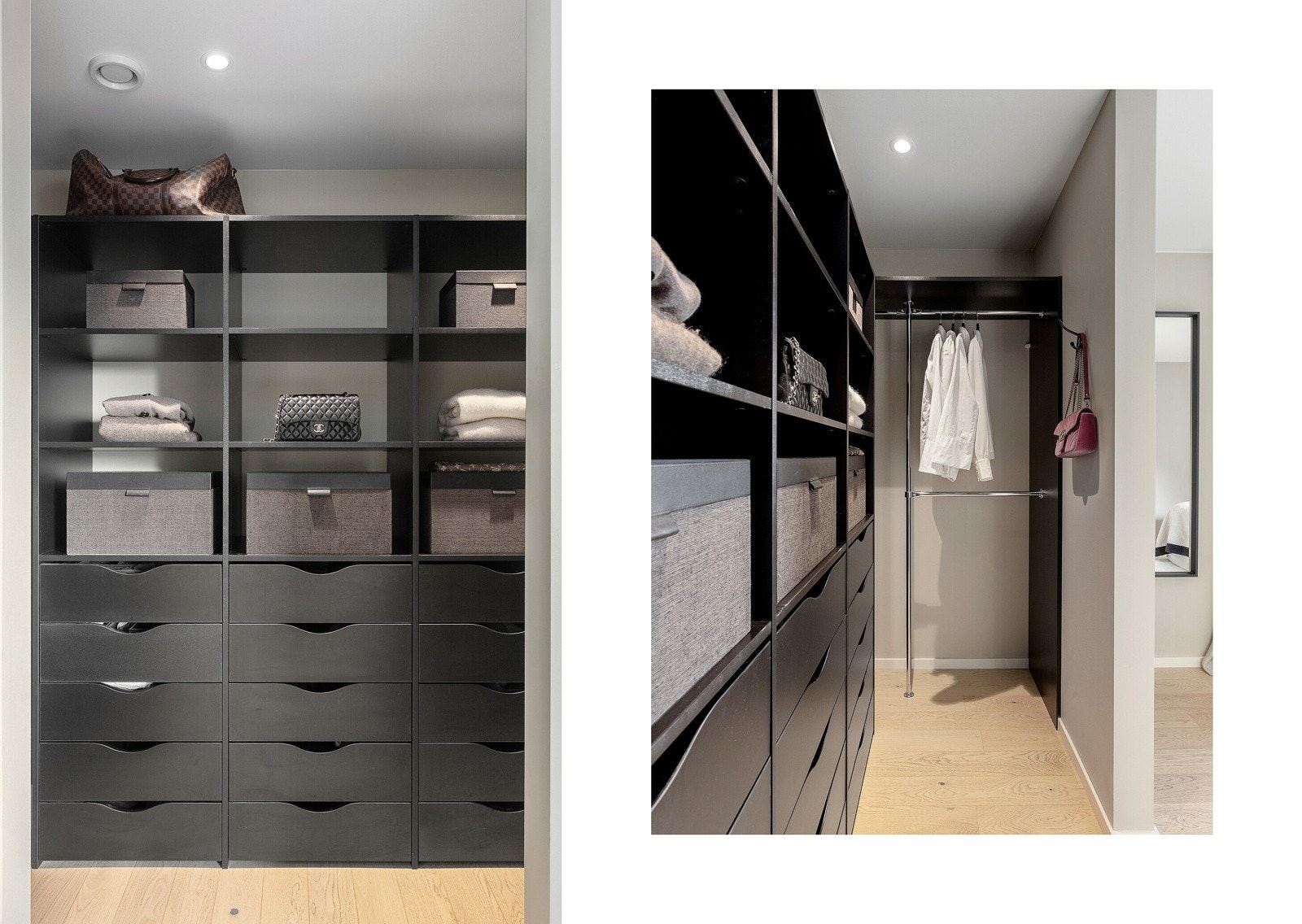 Walk-in closet med god plass til bekledningen Galleribilde