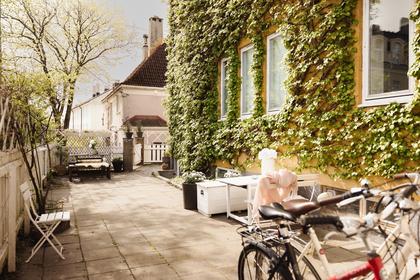 Innvokst fasade gir et sjarmerende og grønt preg - her får du en hyggelig atmosfære både ute og inne Galleribilde