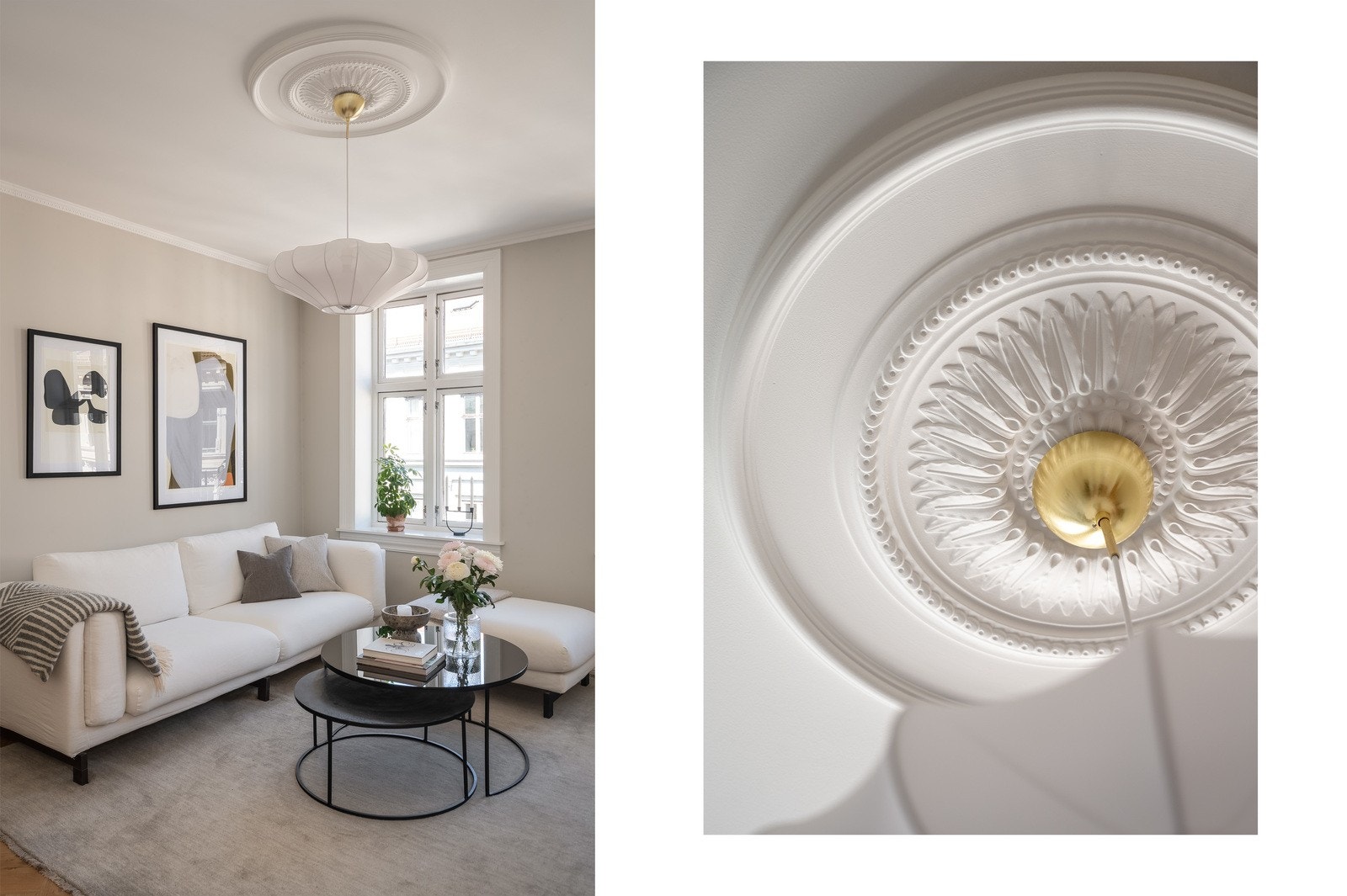 Stuen er malt i en tidsriktig fargetone og har flotte detaljer som brede vinduskarmer, rosett og stukkatur i himling. Galleribilde