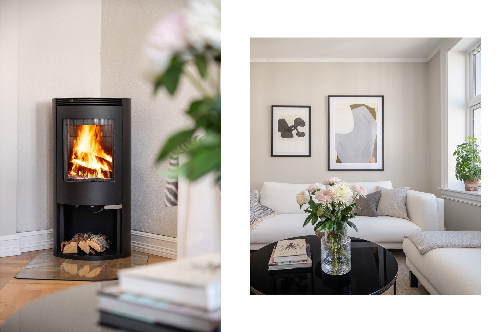 I stuens hjørne er det en flott peisovn som varmer godt på kalde høst- og vinterdager. Galleribilde