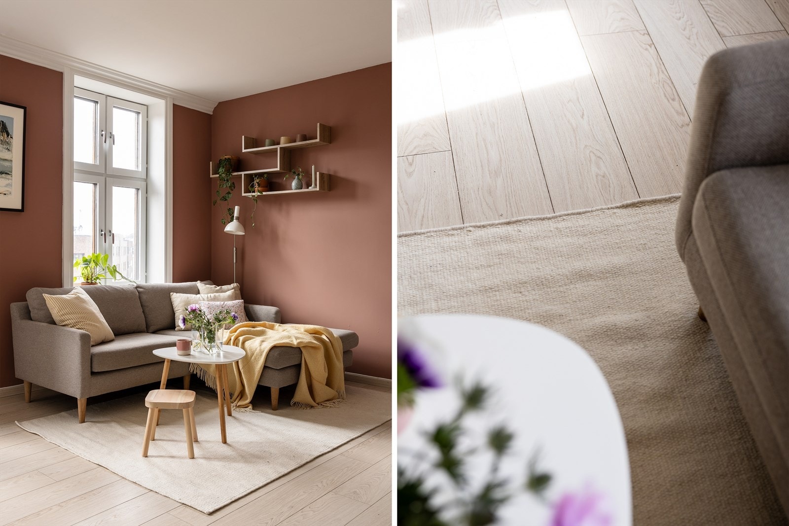 Gulvene i leiligheten er belagt med laminatgulv foruten på hovedsoverommet hvor gulvet er det originale undergulvet fra byggeår. Innvendige vegger og tak er bestående av malte flater. Galleribilde