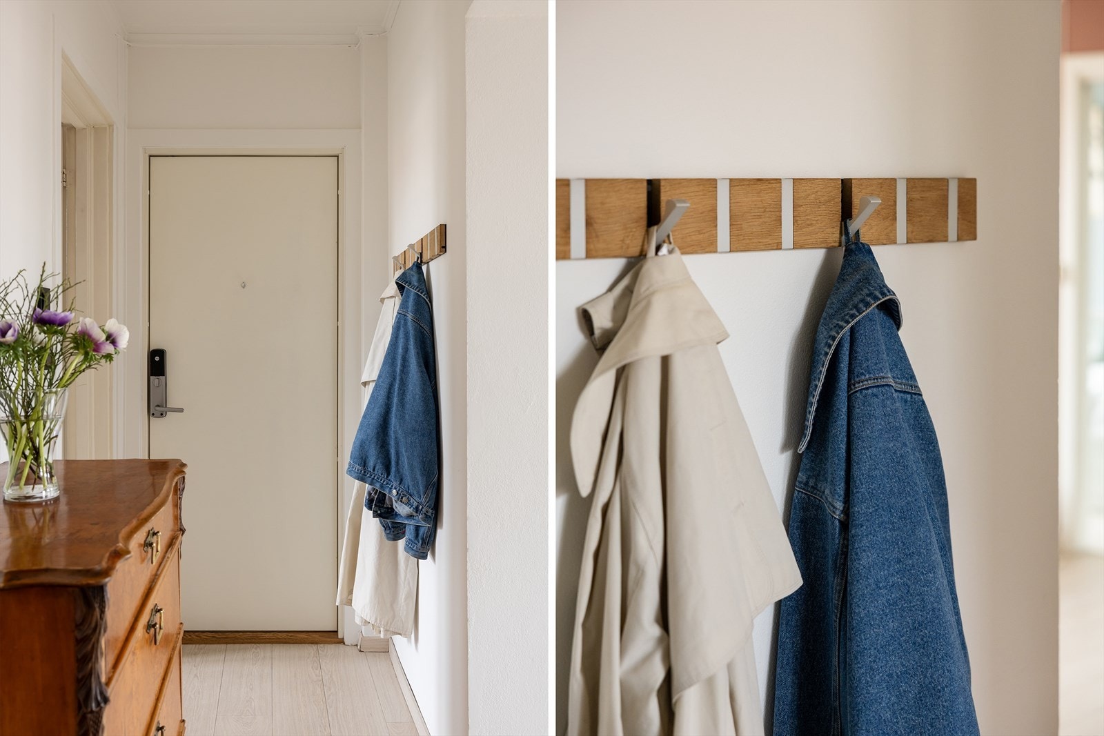 Entréen gir et godt førsteinntrykk av leiligheten. Her har du god plass til å henge fra deg yttertøy og sette fra deg sko. Galleribilde