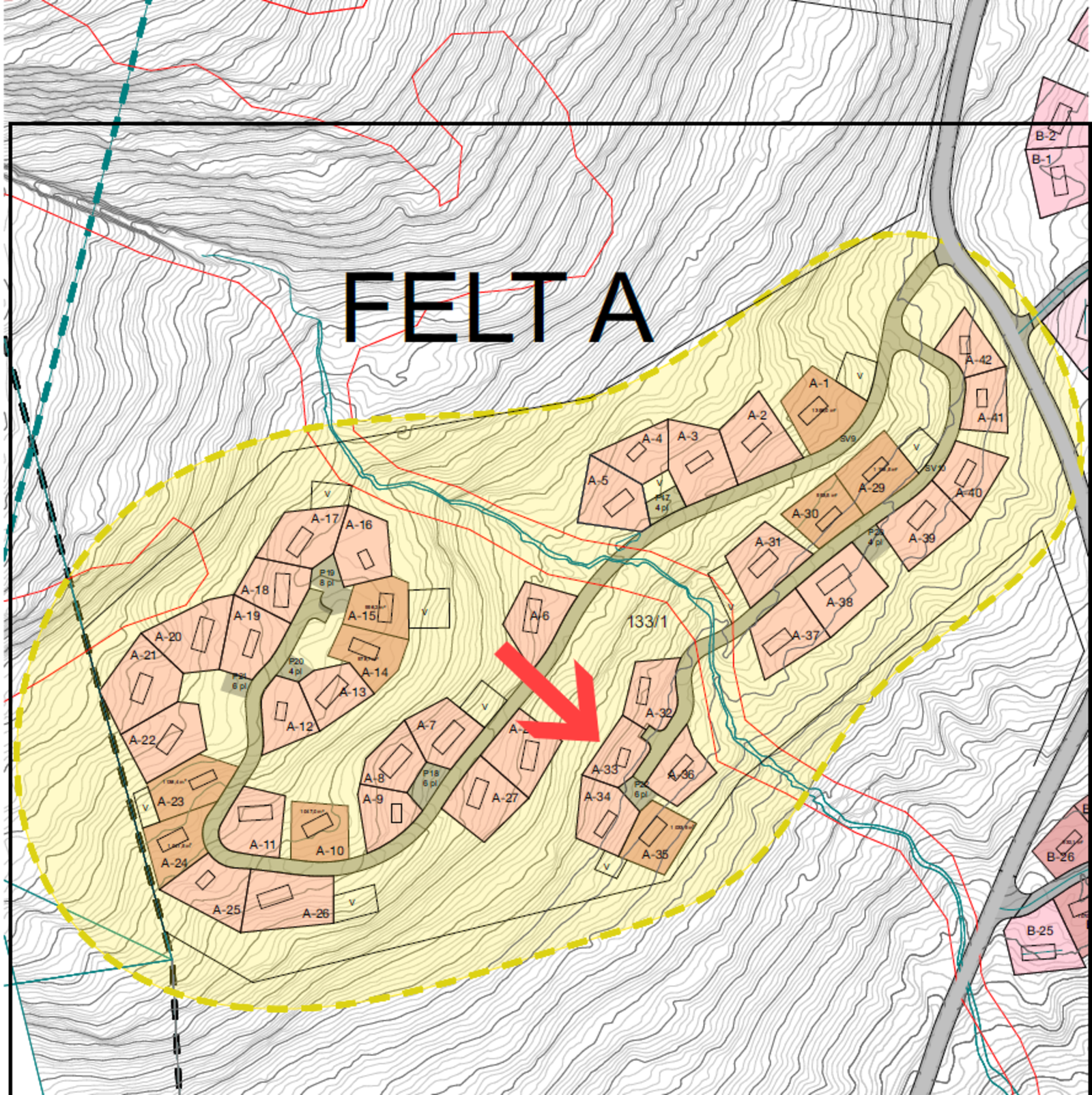 Tomteoversikt med tomt A33 markert Galleribilde