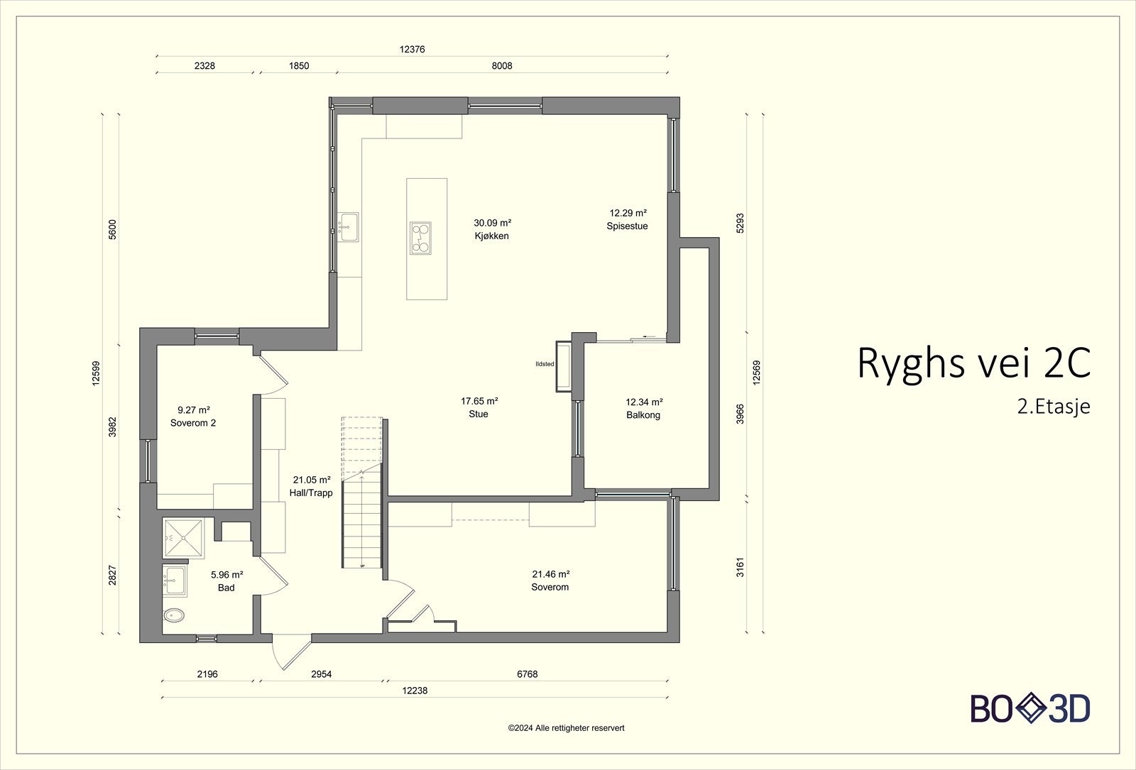 Hovedplan ved adkomstpartiet i Ryghs vei. (Iht seksjonering er dette en 2. etasje, men i praksis er det boligens 1.etasje) Galleribilde