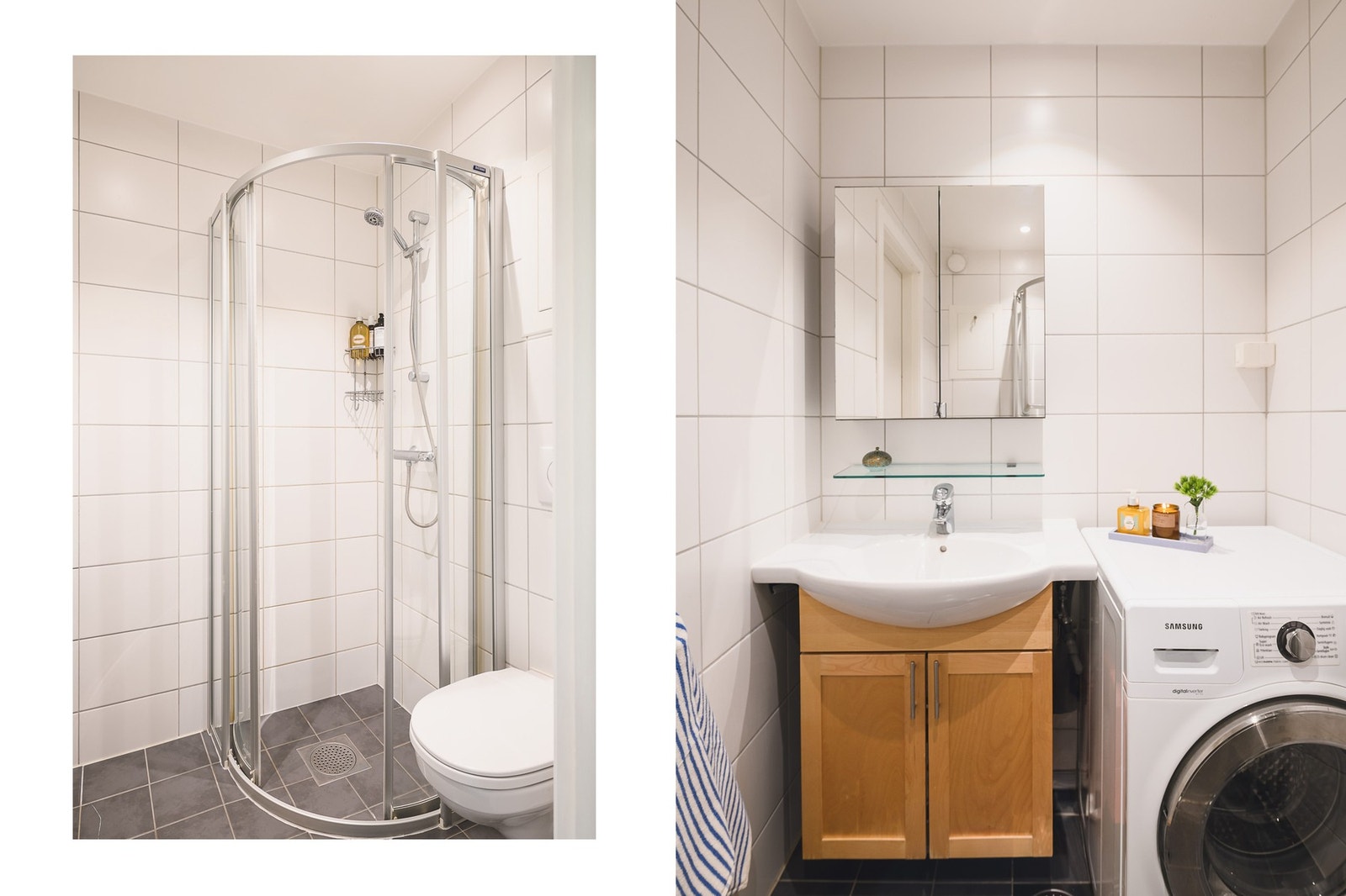 Badet er tidløst med flislagte gulv- og veggoverflater, servant med underskap og speilskap, dusjkabinett og vegghengt toalett, samt opplegg for vaskemaskin og stikkontakt for tørketrommel. Galleribilde