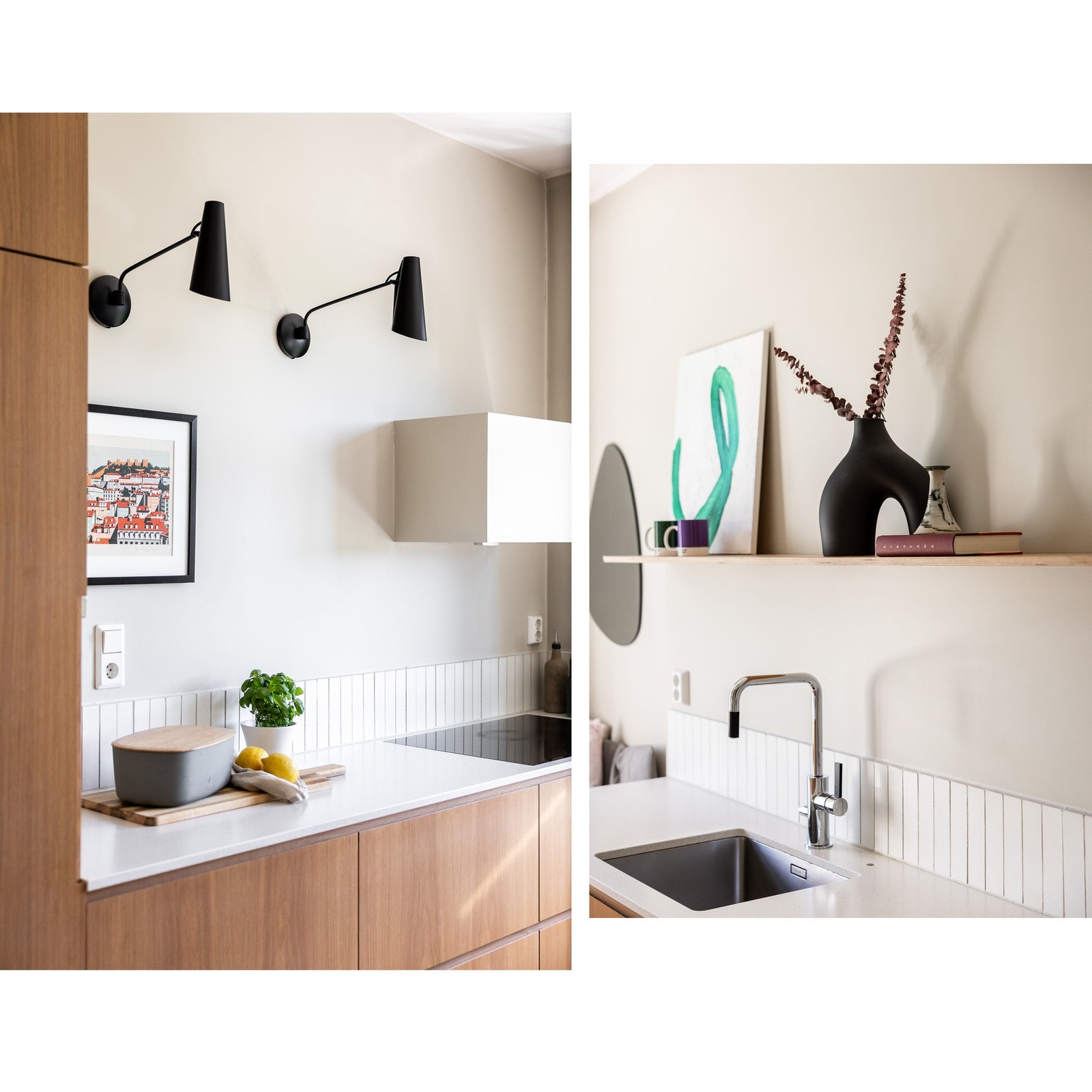 Eikekjøkken med glatte fronter og benkeplater av stein med underlimt kum i rustfritt stål. Galleribilde