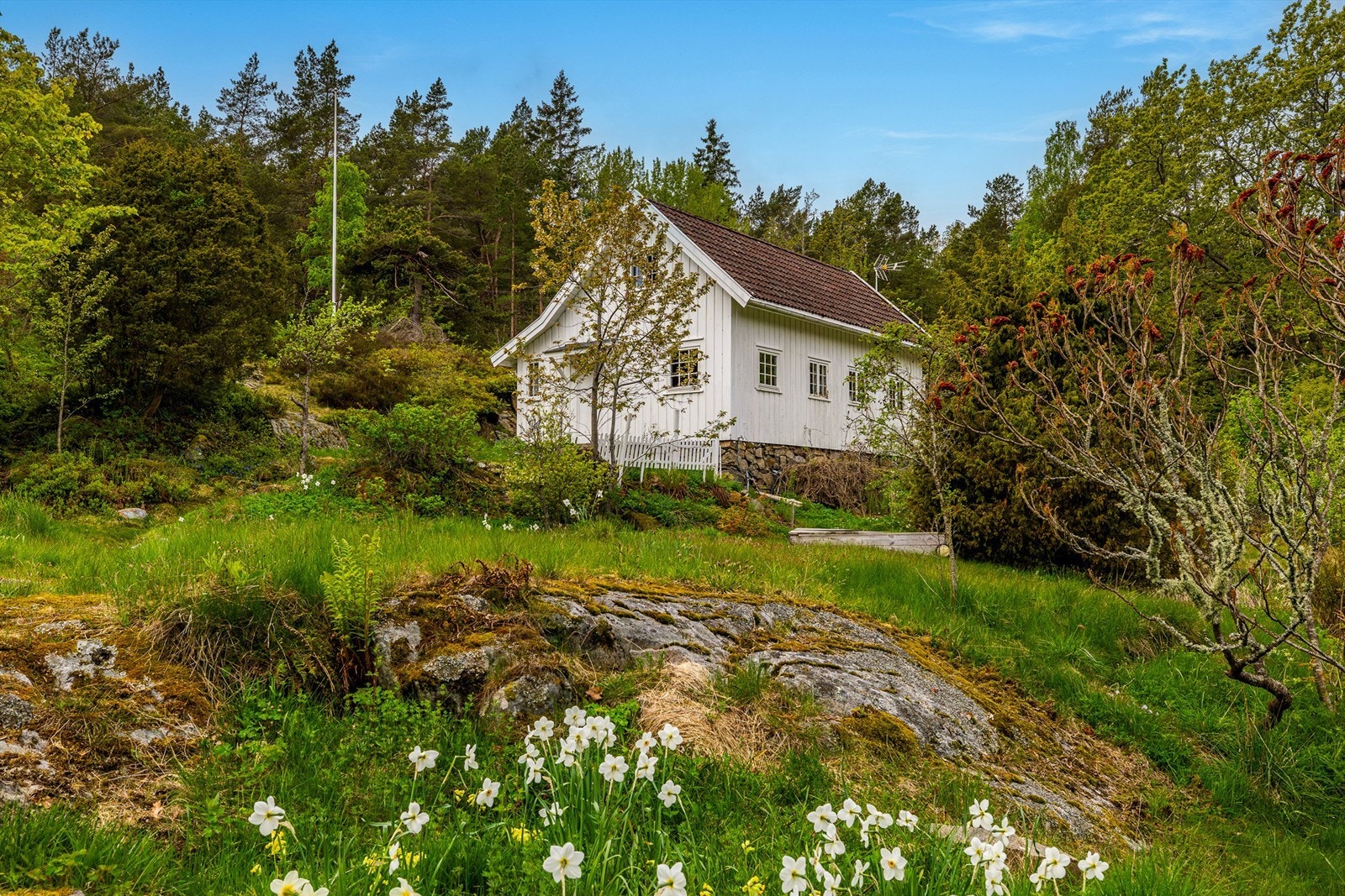 IDYLL. Huset ligger fint for seg selv med gjestehytta ovenfor, også denne ligger helt for seg selv med fin utsikt utover sjøen. Galleribilde