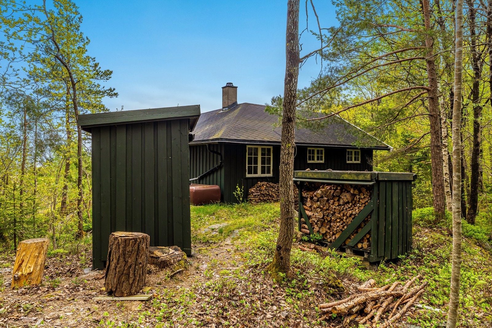 Bak hytta er det et lite enkelt uthus. Galleribilde