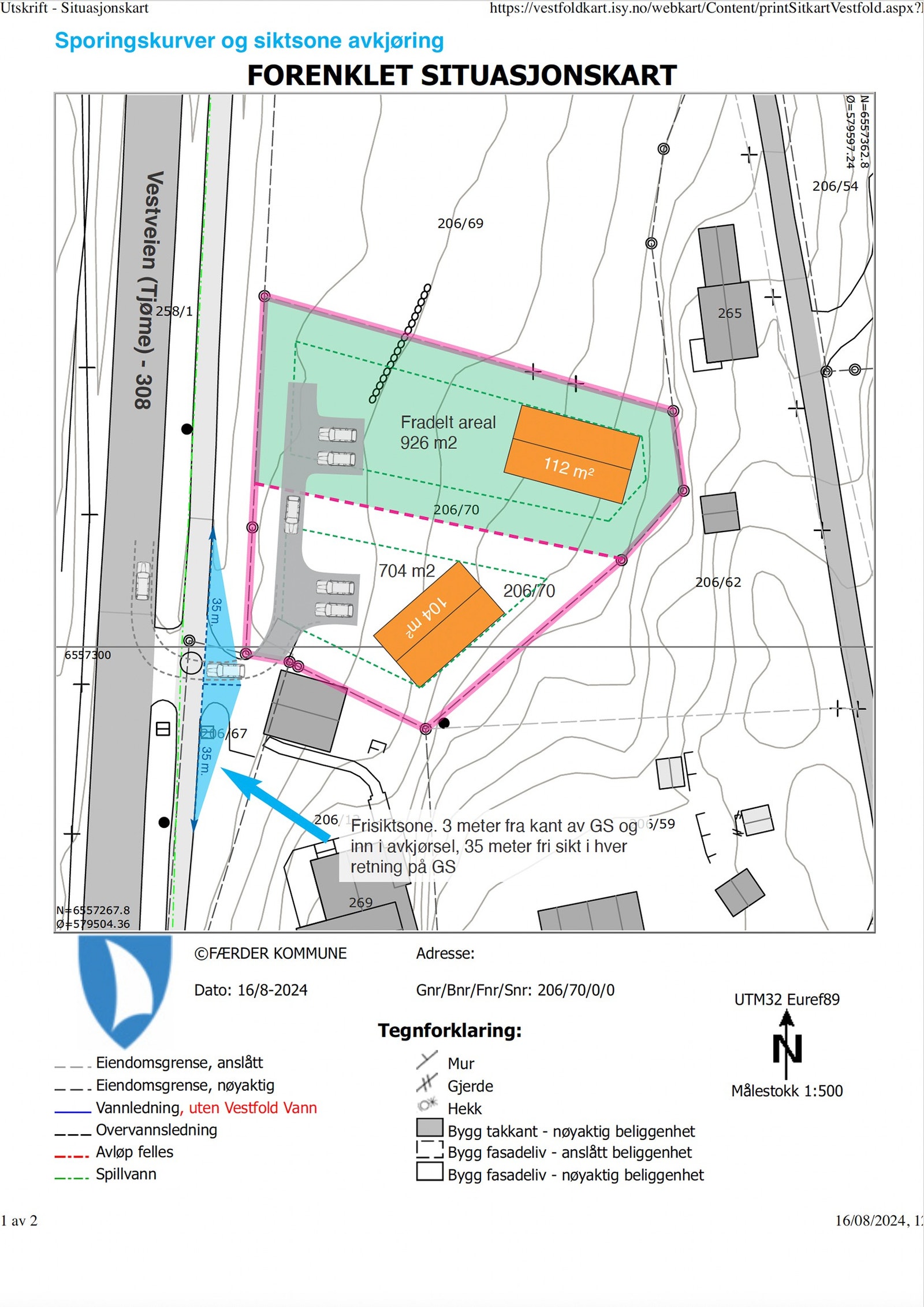 Situasjonskart, sporingskurver og siktsoner - fradeling Galleribilde