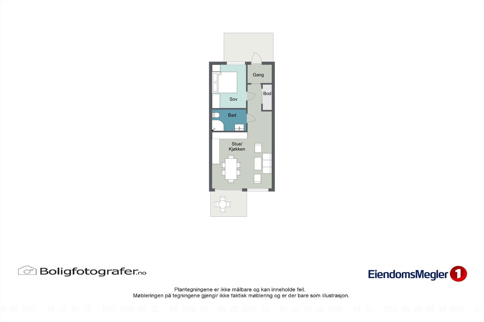 Effektiv leilighet med ett soverom, stue/kjøkken, bad og bod. Ideell for enkeltpersoner eller par. Praktisk planløsning. Galleribilde