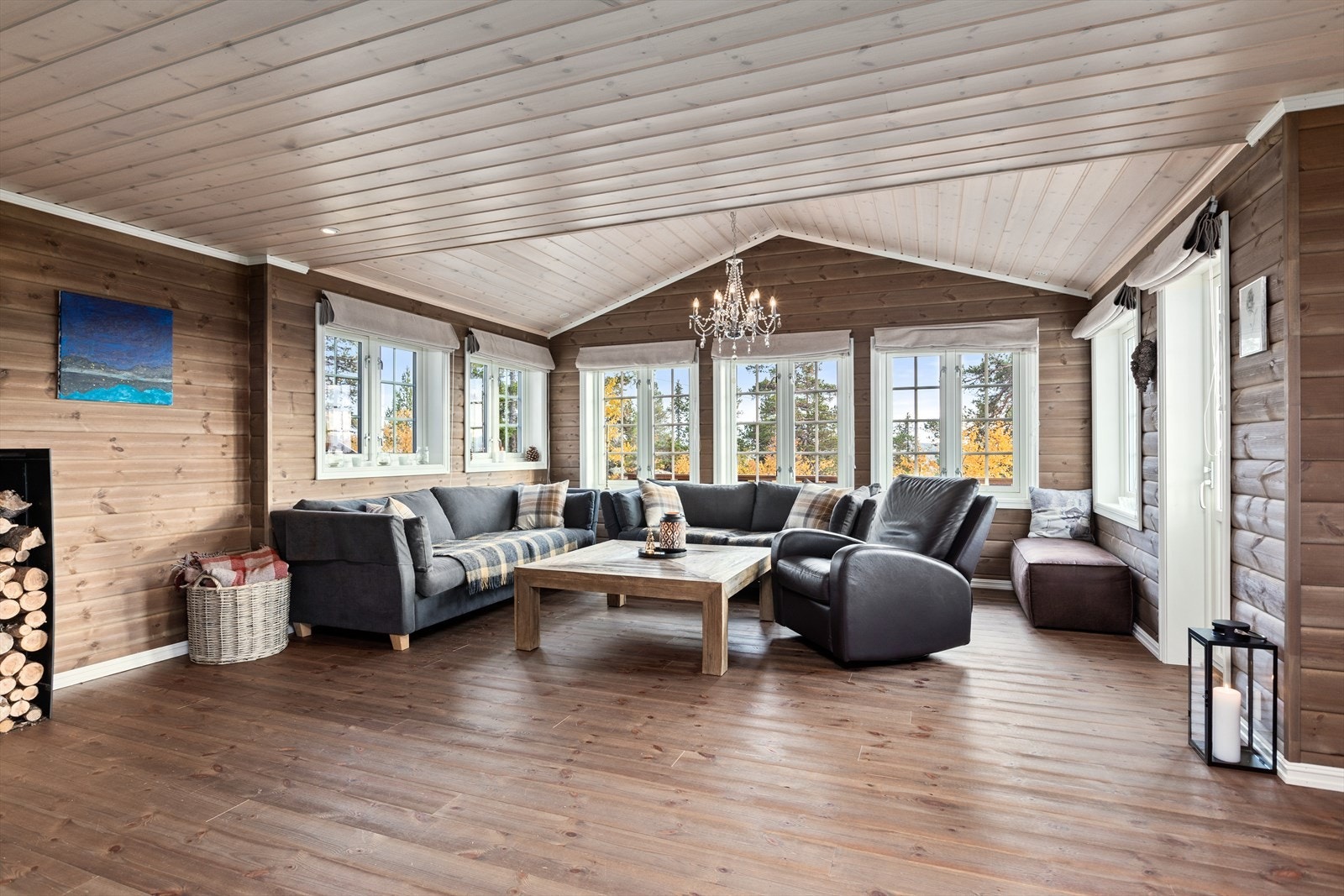 Fra hallen kommer du inn i hyttas sosiale oppholdsrom. Lys og romslig stue/spisestue med utgang til terrasse. Galleribilde