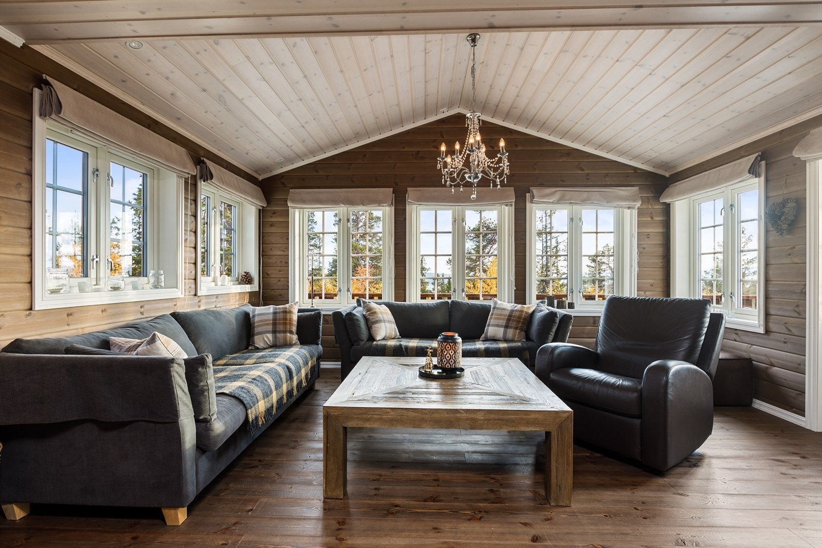 I stuen er det god plass til sofagruppe med tilhørende møblement og store vindusflater slipper rikelig med naturlig lys inn. Galleribilde