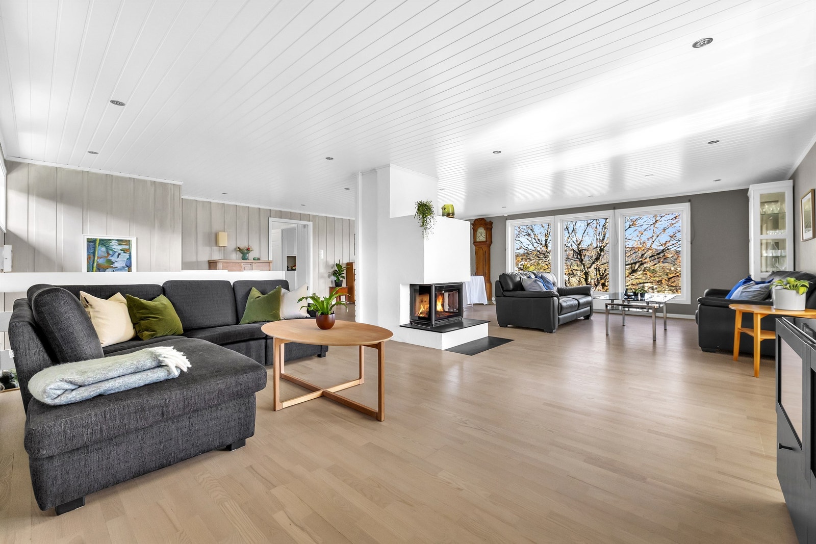 Sentralt plassert peis gir lun stemning og naturlig sonedeling mellom oppholdsarealene Galleribilde