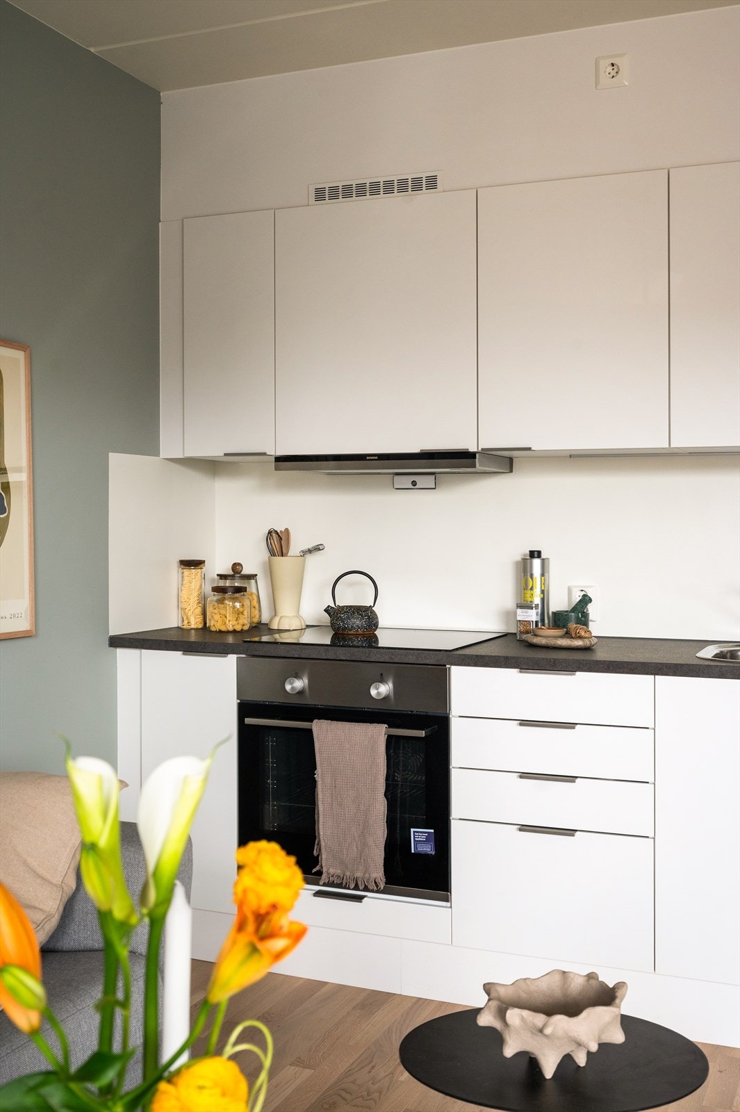 Integrerte hvitevarer som platetopp, stekeovn og oppvaskmaskin følger. Galleribilde