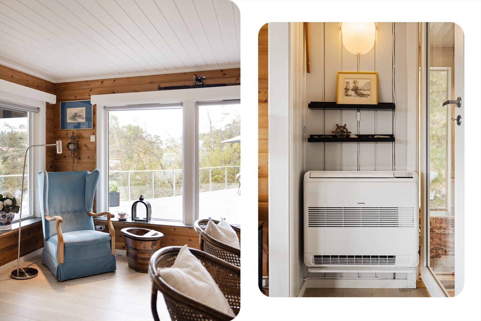 Varmepumpe i stue som gir en god grunnvarme i hytten på kalde dager. Galleribilde