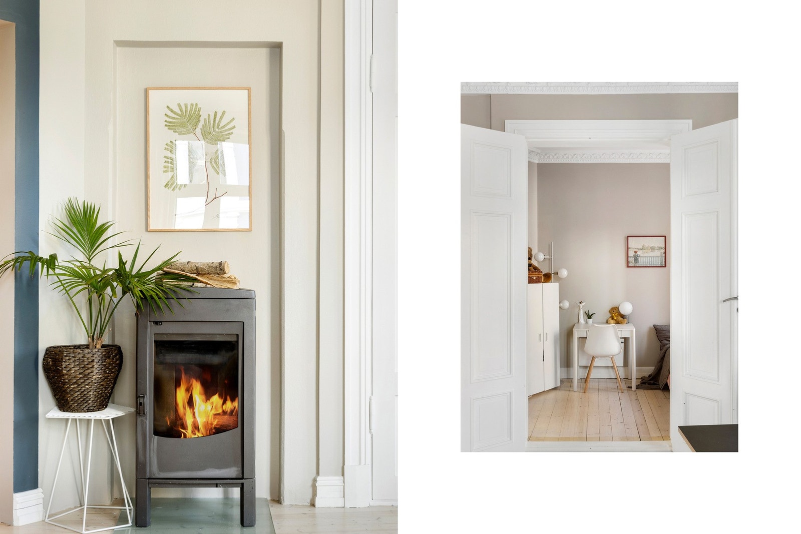 Stemningsfull peis i stue som skaper en varm atmosfære på kalde dager - vakre, originale detaljer som doble fløydører gir boligen et herskapelig preg Galleribilde