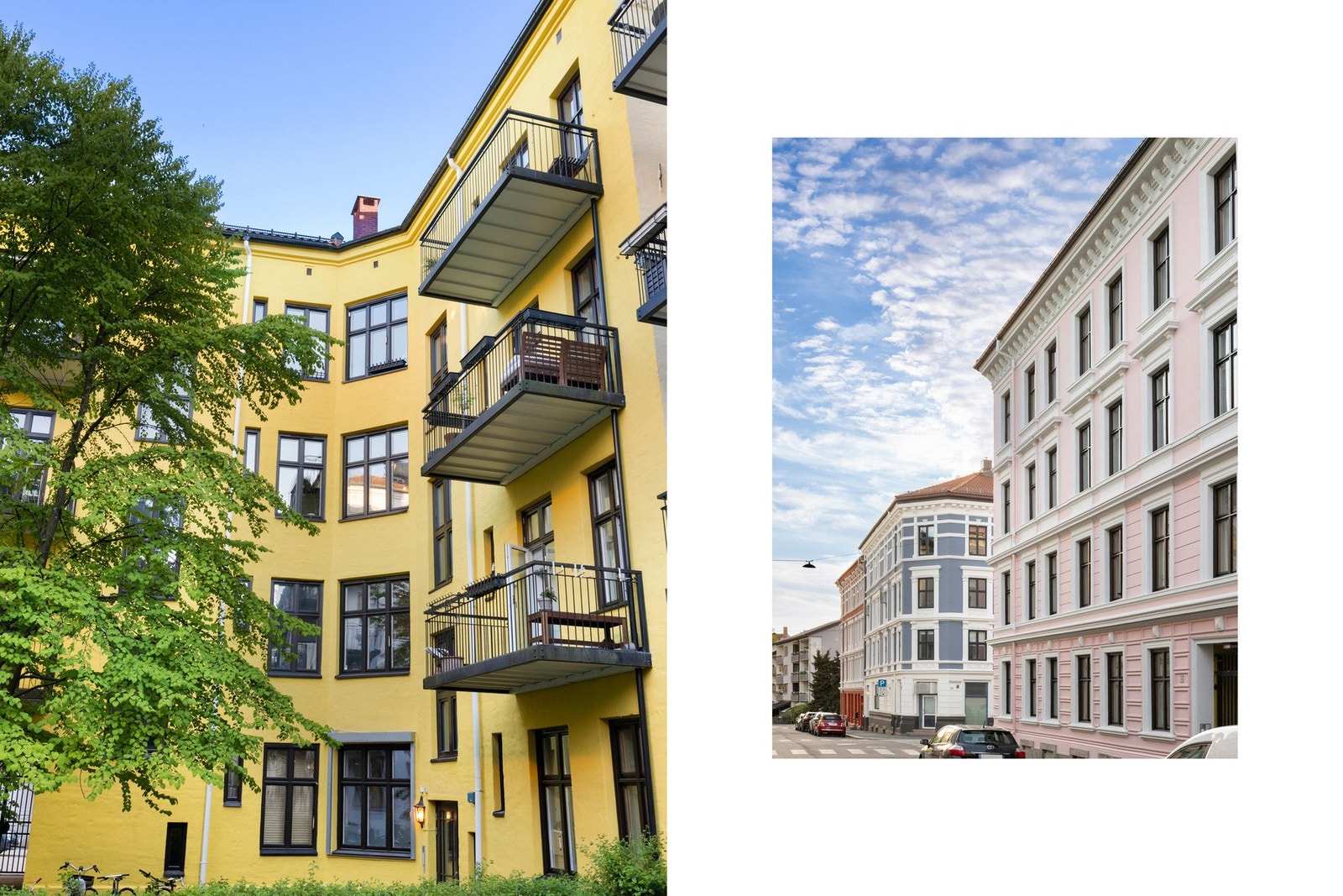 Fasade og bakgård - Den flotte, fargerike bakgårdsfasaden gir et trivelig uteområde med balkonger og grønne omgivelser Galleribilde