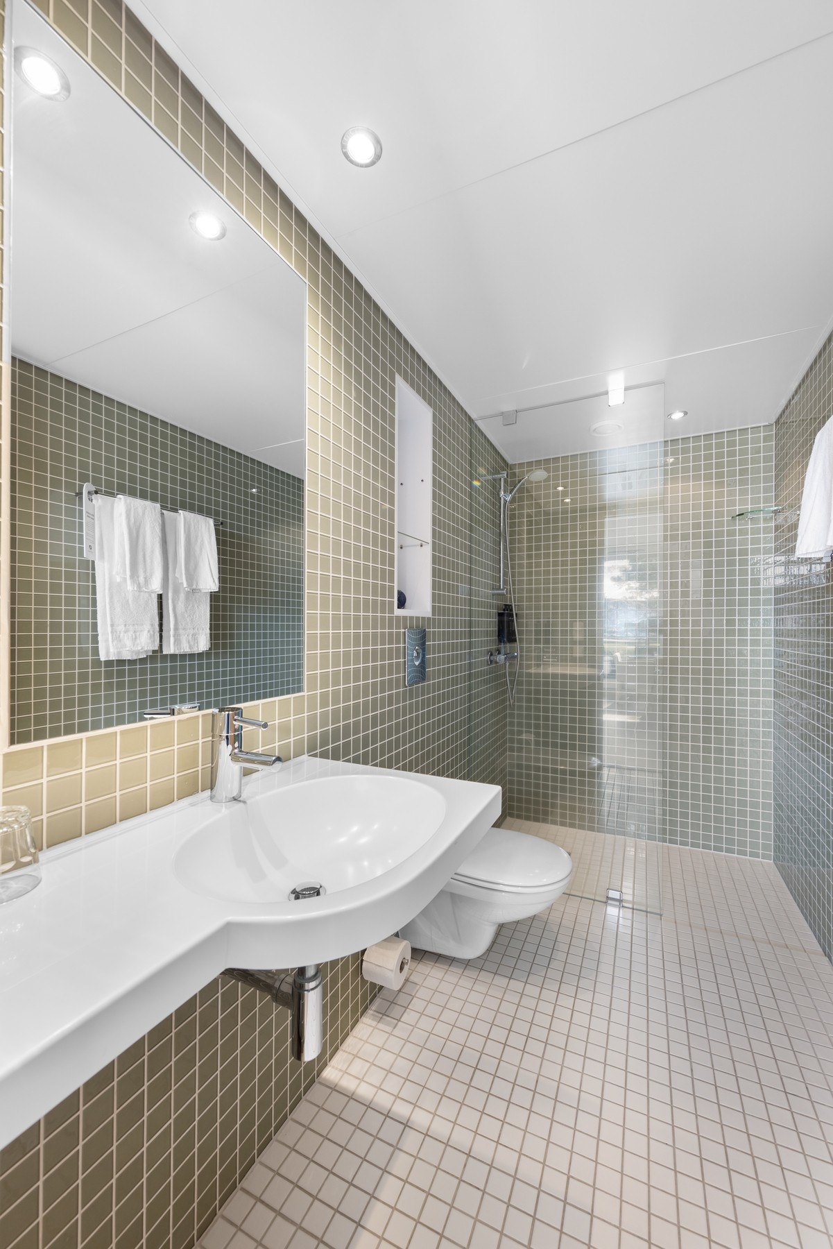 Badet på suiten har varmekabler, downlights, Grohe-innredning, vegghengt toalett og dusjhjørne. Galleribilde