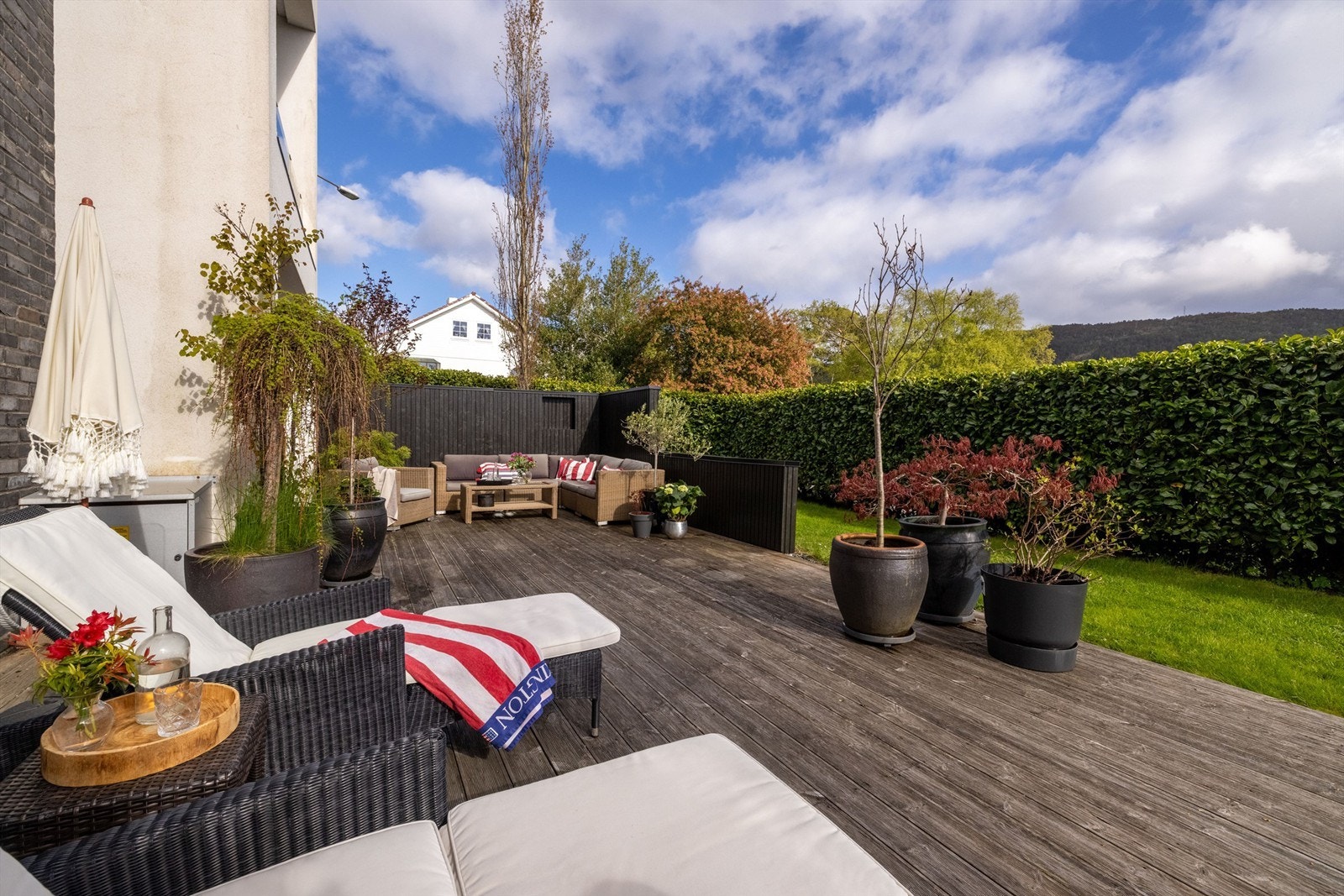 Uteplassen er lun og godt skjermet med hekk/lauvbærhegg Galleribilde