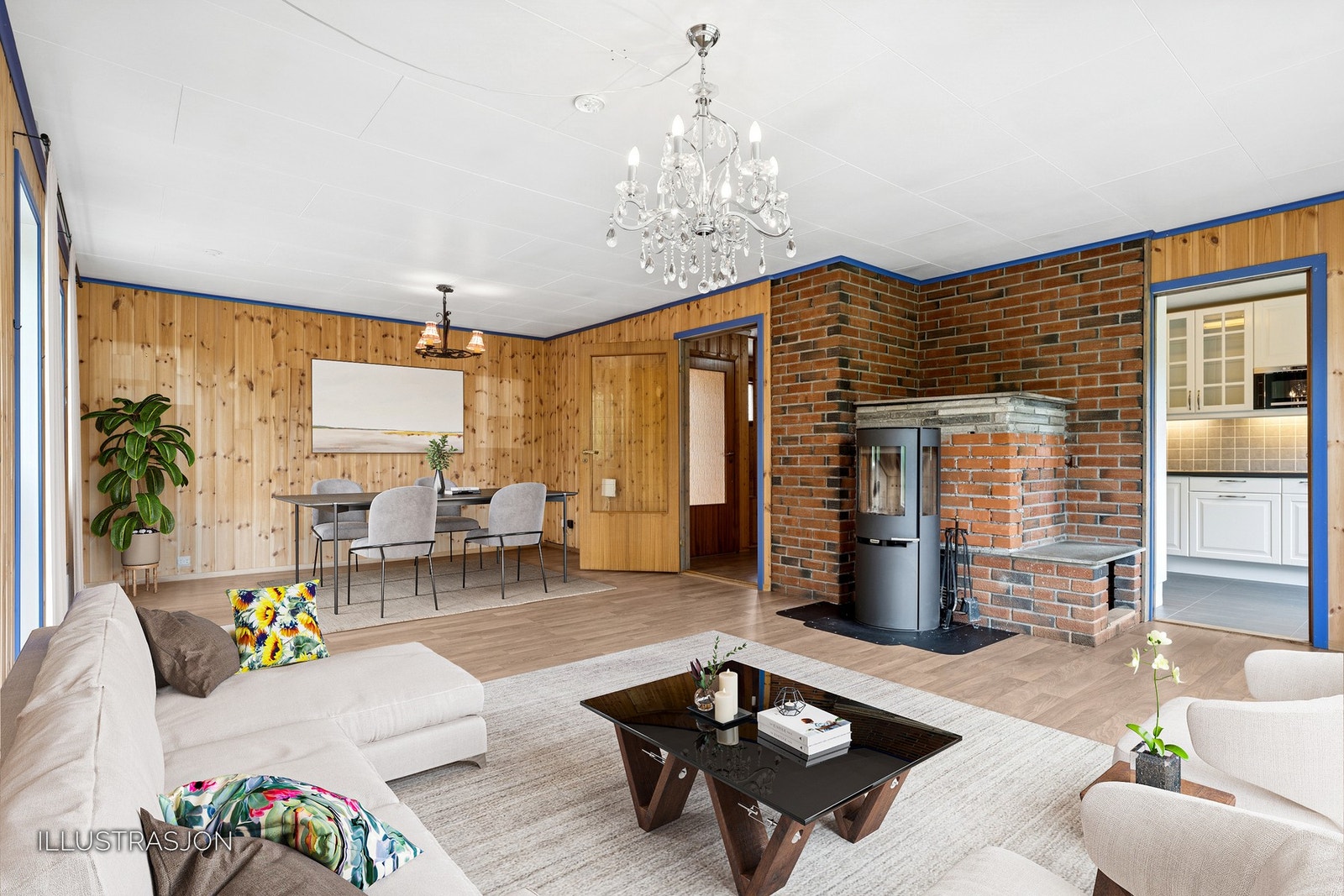 Lys og romslig stue med plass til både sofagruppe og spisebord. (Bilde er digitalt møblert) Galleribilde