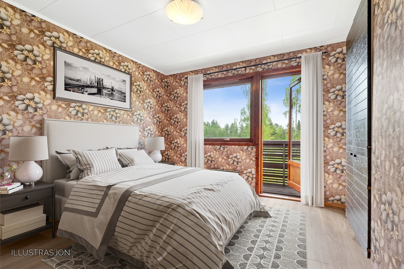 Soverom 3 - Romslig hovedsoverom med utgang til balkong og utsikt mot naturen. (Bilde er digitalt møblert) Galleribilde