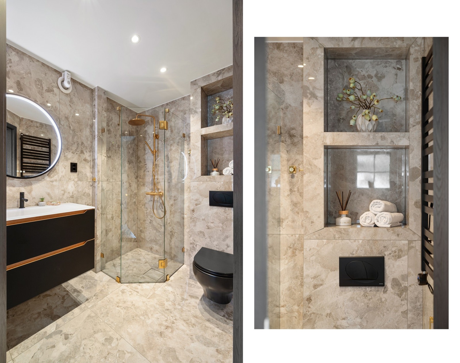 Meget lekkert bad renovert i 2024 - innredning med helstøpt servant og dusjhjørne med glassvegger og regndusj i "gull", smarte innfelte hyller over toalett Galleribilde