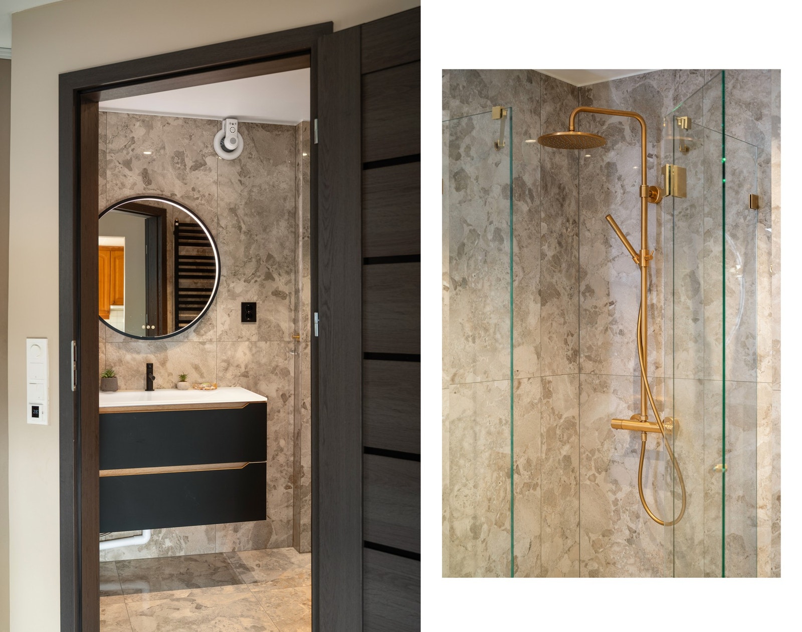 Vegger og gulv er flislagt og det er varmekabler i gulvet Galleribilde