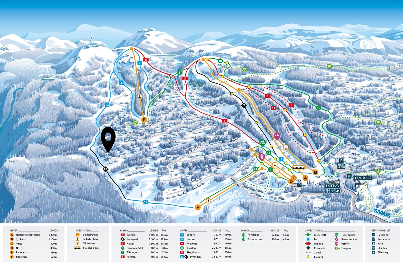 Oversikt alpint. Hytten er markert på bildet. Ski inn/ut. Galleribilde