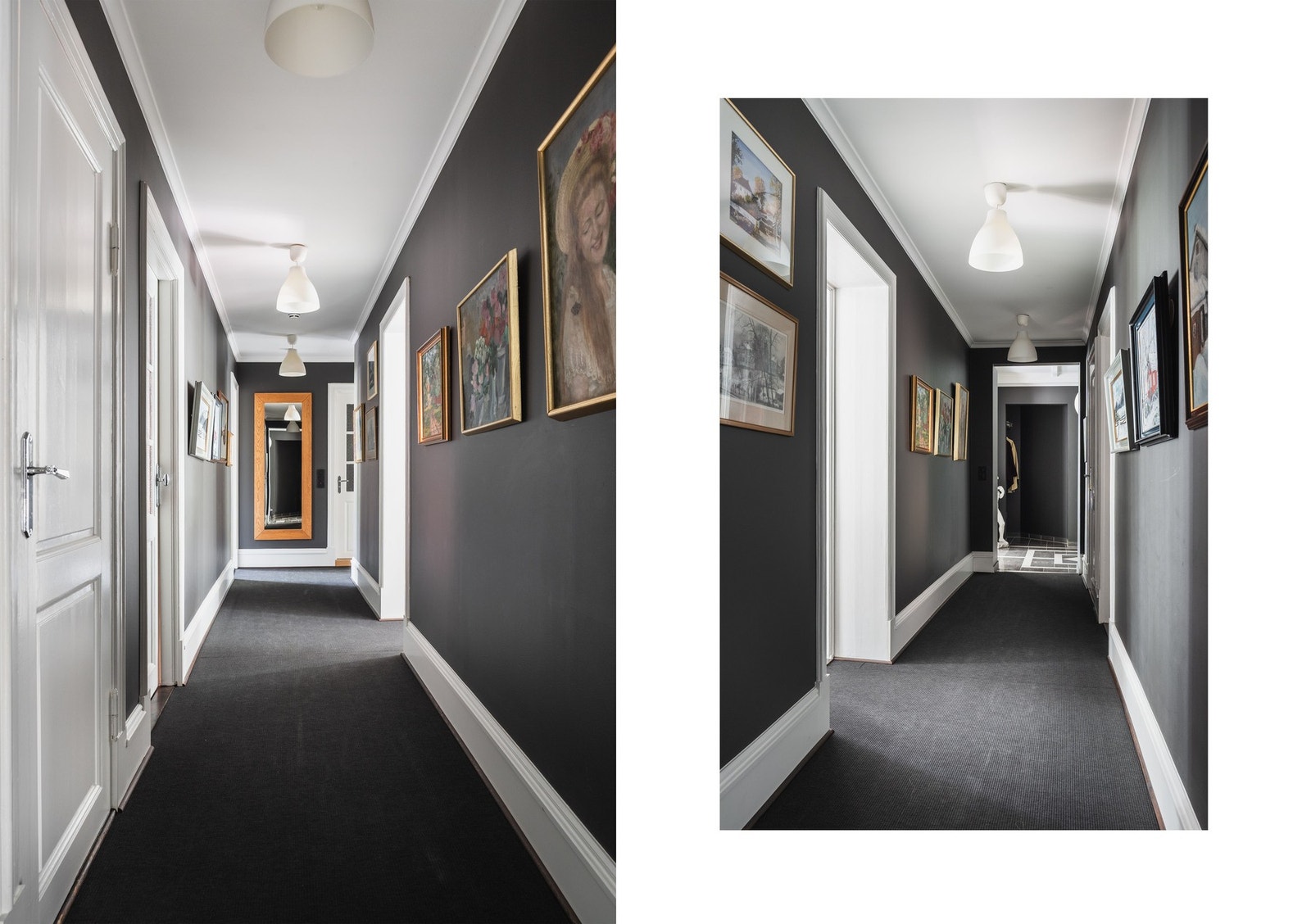 Gangen mot soveromsfløyen har mørke sisaltepper på gulvet. Galleribilde