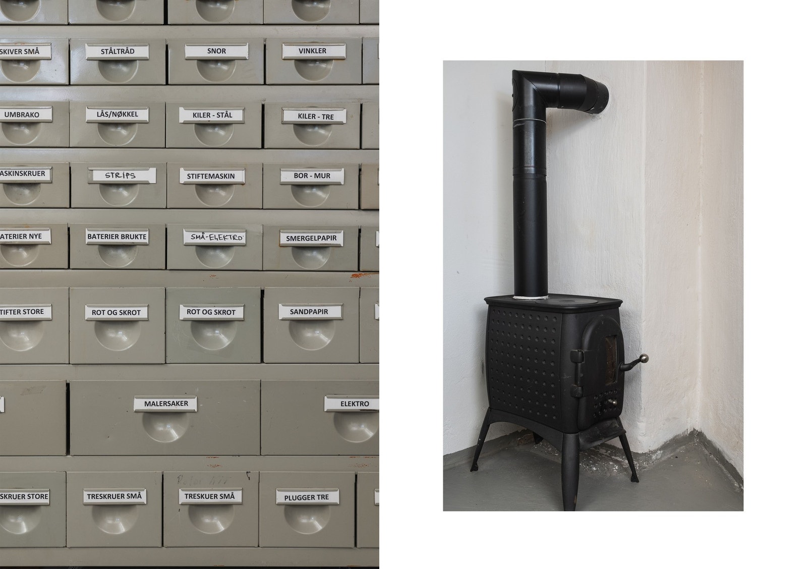 I verkstedet er det både vedovn og varmekabler i gulvet. Galleribilde