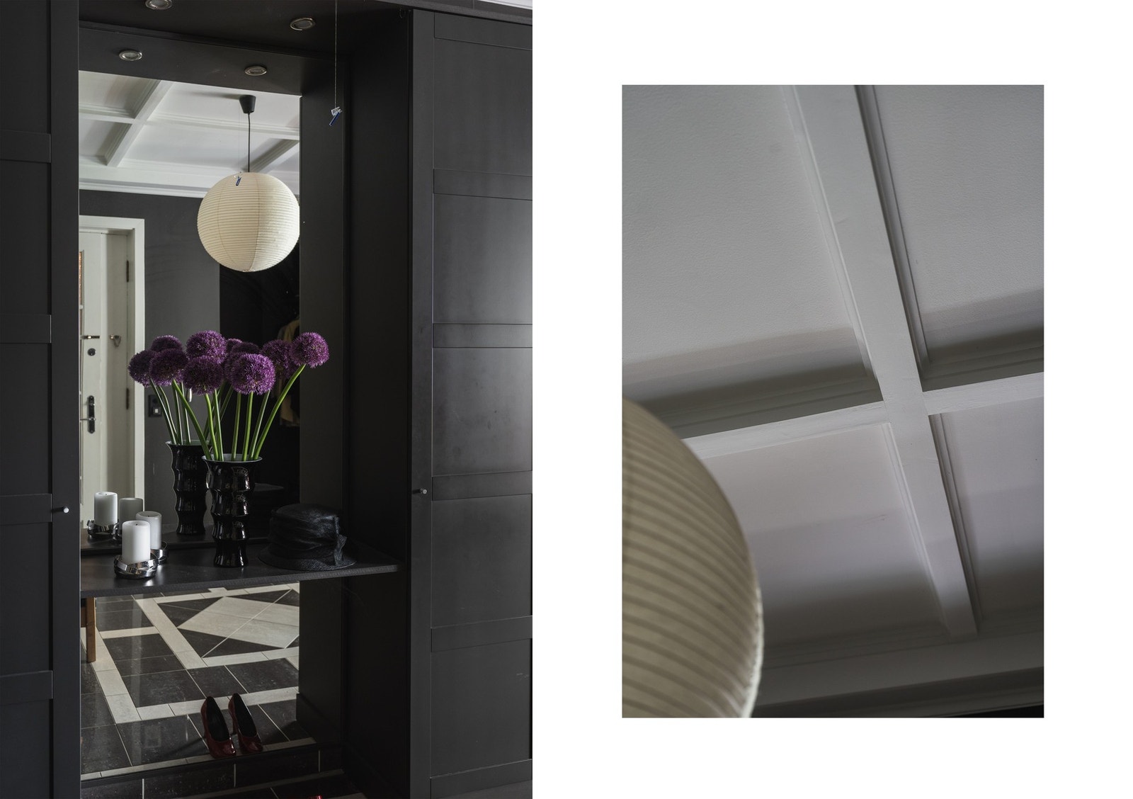 Hallen er innredet med plassbygde skap og speilnisje fra gulv til tak.
Himlingen i hallen er dekorert med brede rammer som passer godt til bygget. Galleribilde