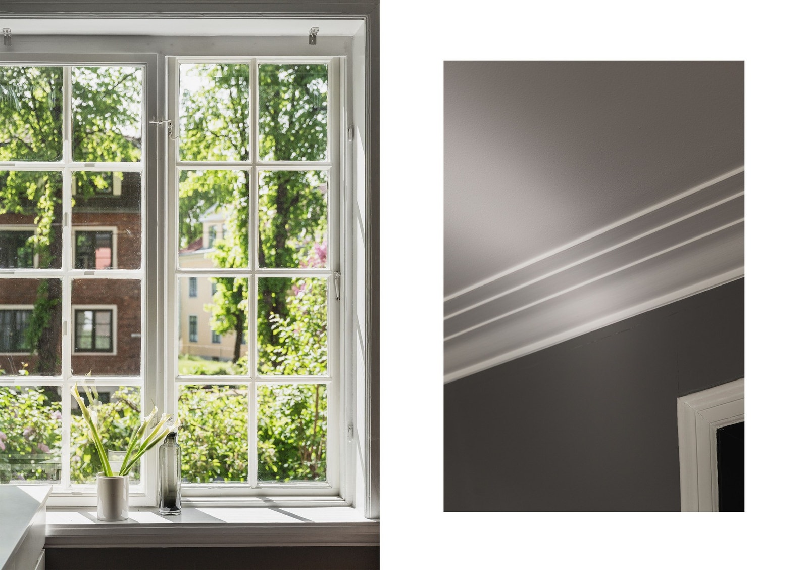 De store vinduene bader rommene i dagslys, men leiligheten føles likevel usjenert. Stilren stukkatur i stuene, kjøkkenet og det største soverommet. Galleribilde