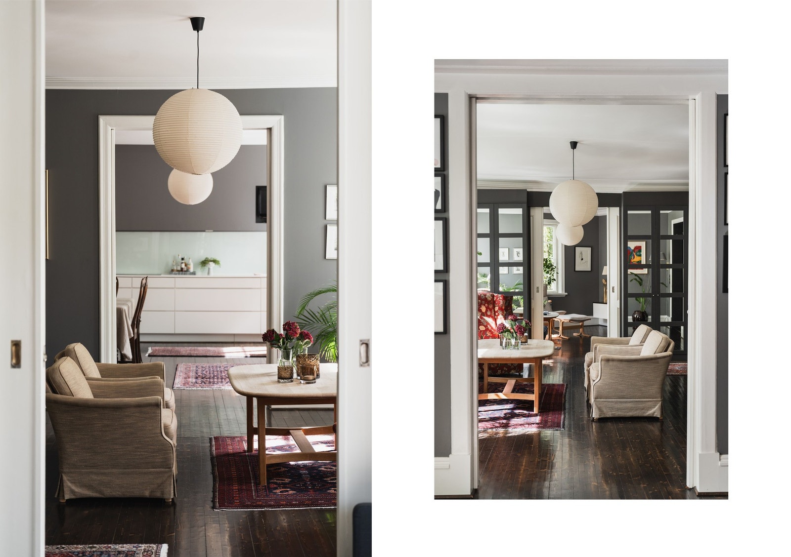 De sosiale rommene ligger i enfilade som gir god kontakt mellom rommene. Galleribilde